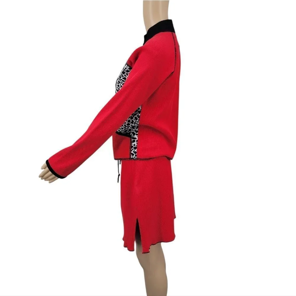 Lucky Charm Y2K Red Waffle Knit Animal Print Skirt and Jacket Matching Set
